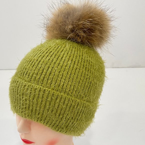 Knit Beanie Hat with Real Fox Fur Pom - Picture 1 of 2